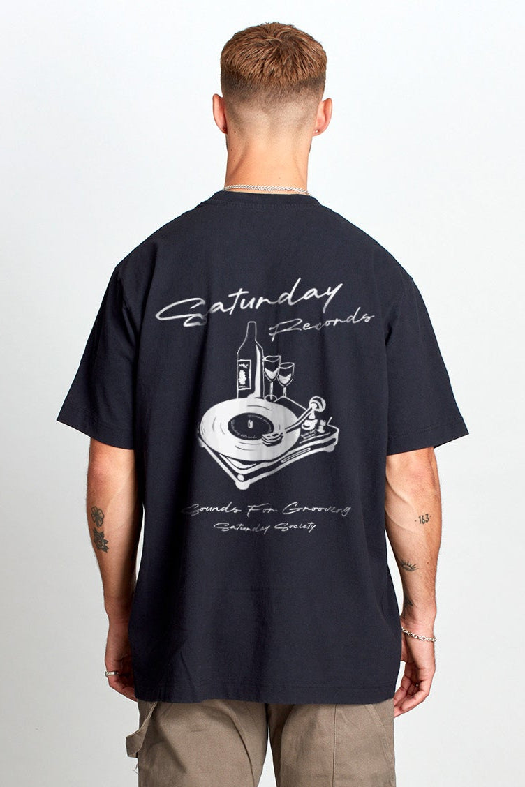 Saturday Society Records T-shirt in Washed Black