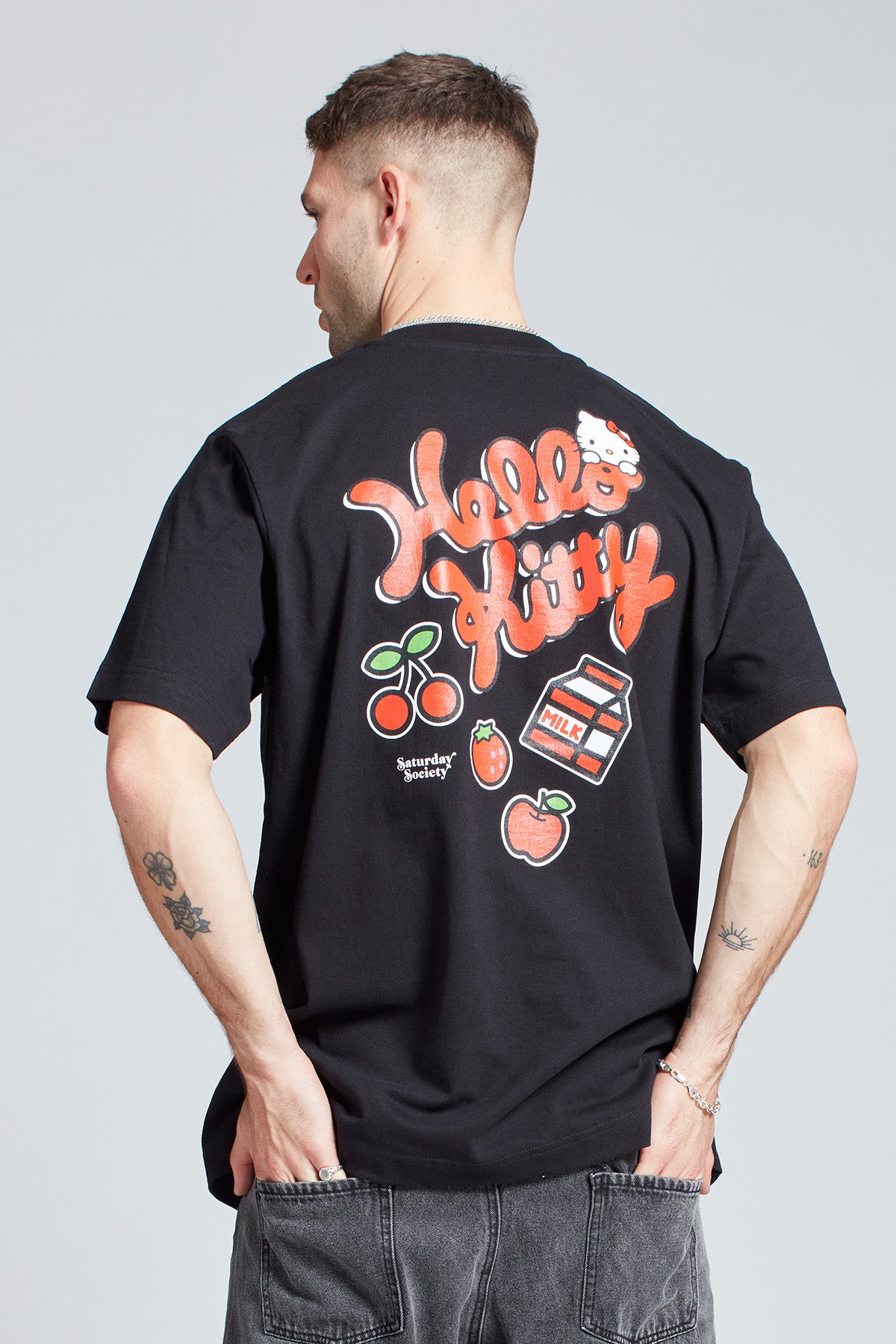 Hello Kitty Strawberry Milk T shirt In Black Mens Saturday Society Hello Kitty Strawberry Milk T shirt In Black Mens Saturday Society