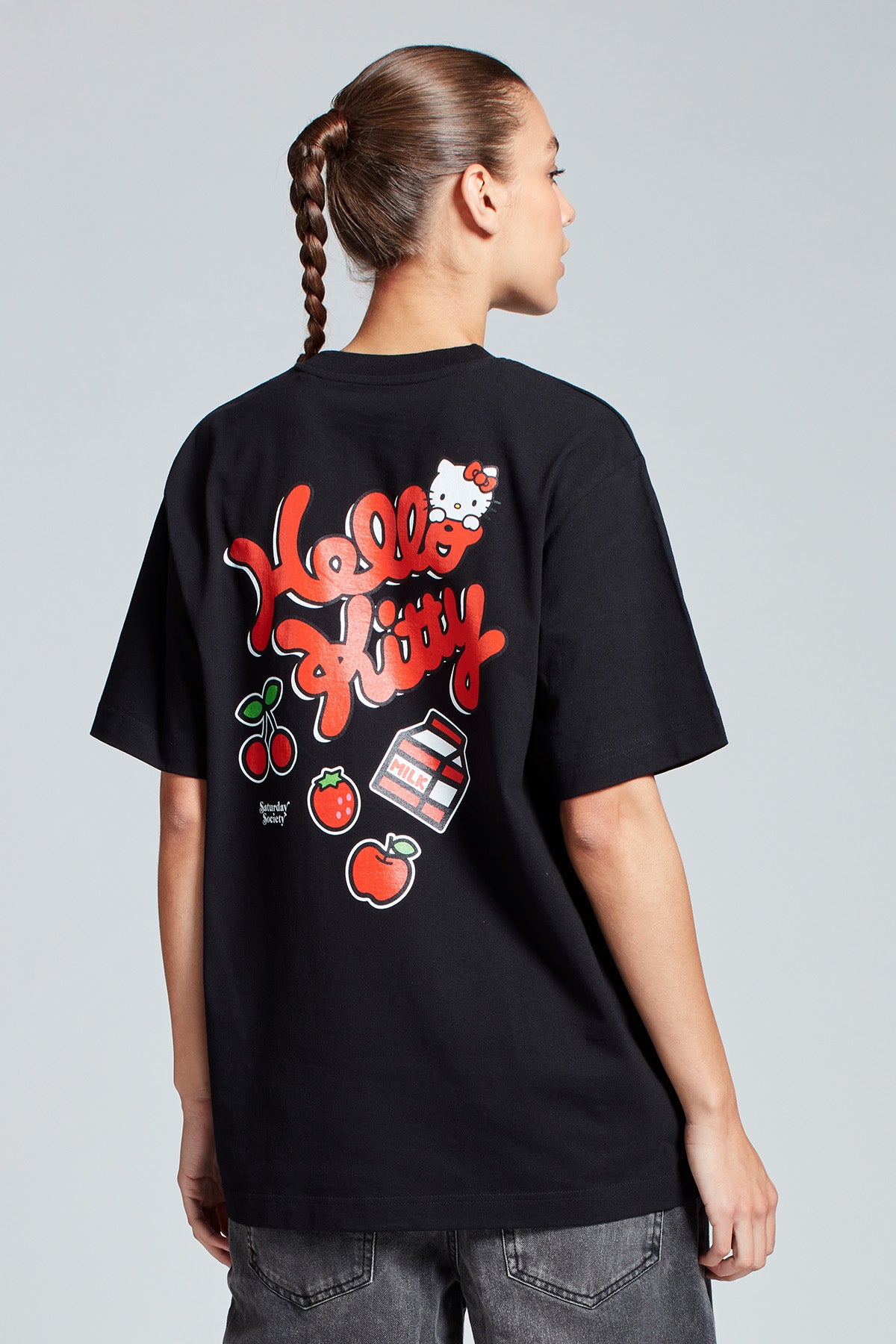 Hello Kitty Strawberry Milk T shirt In Black Womens Saturday Society Hello Kitty Strawberry Milk T shirt In Black Womens Saturday Society