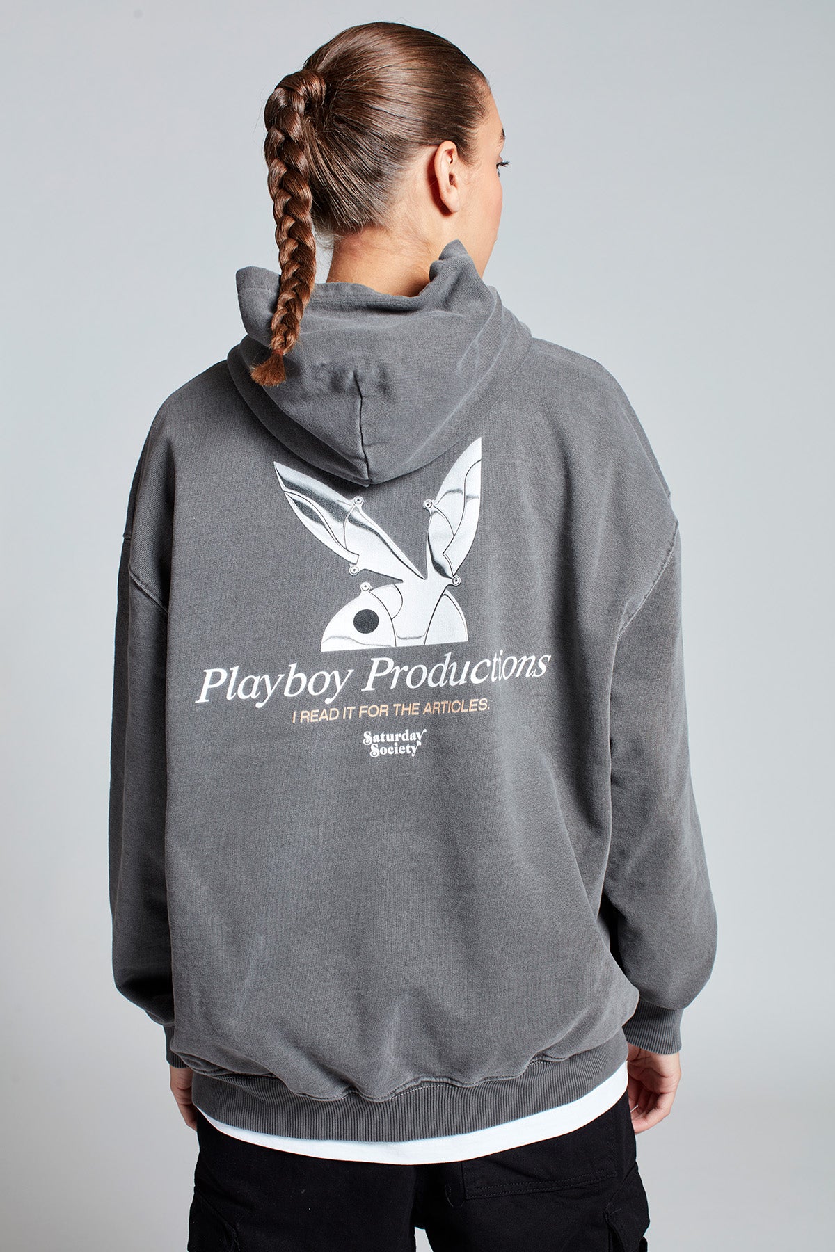 Playboy Chrome Hoodie in Washed Grey Womens Saturday Society