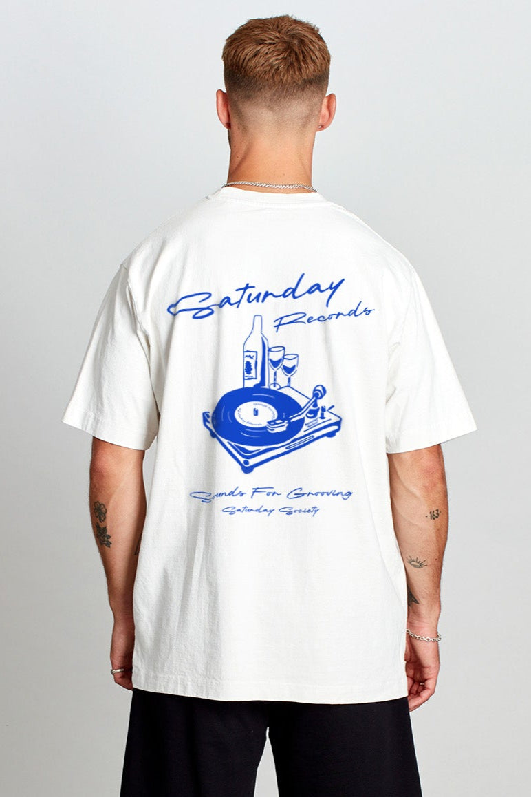 Saturday Society Records T-shirt in Vintage White (Blue print)