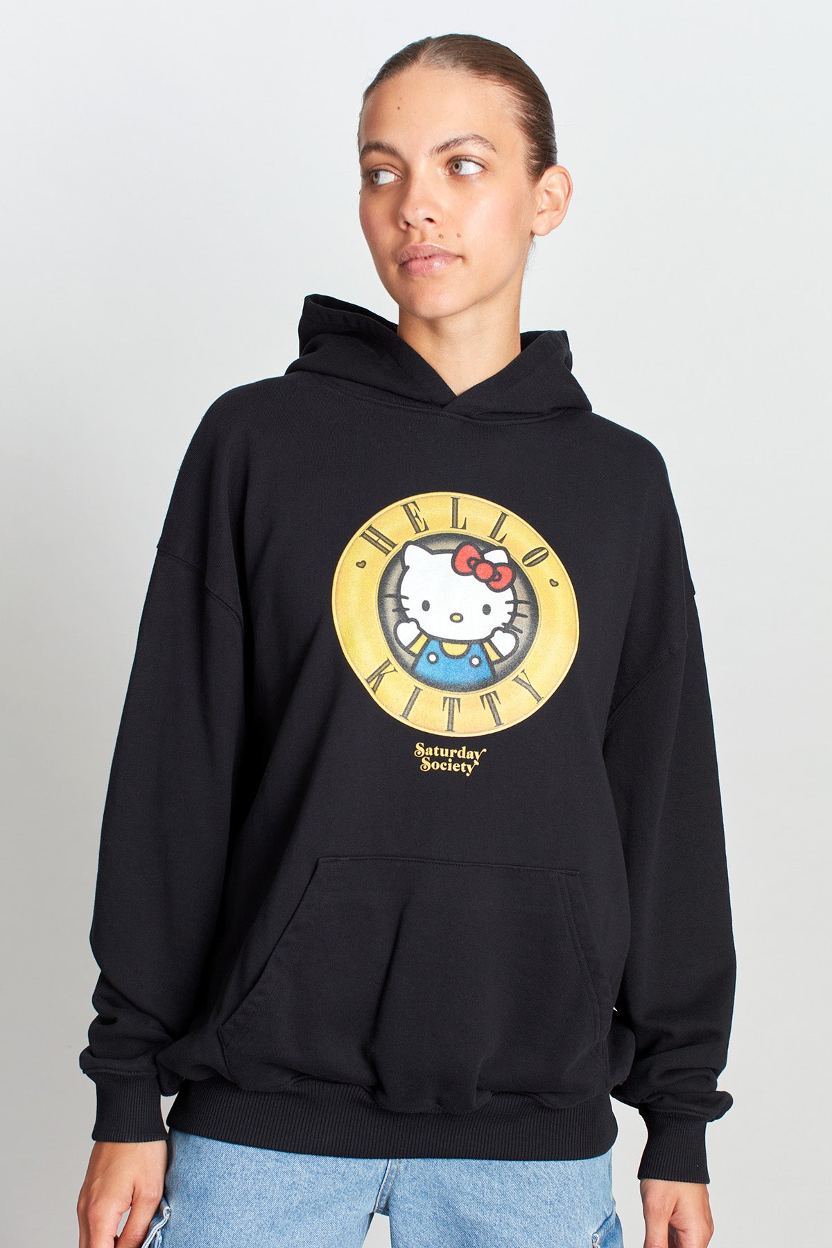 Hello Kitty And Roses Hoodie in Washed Black