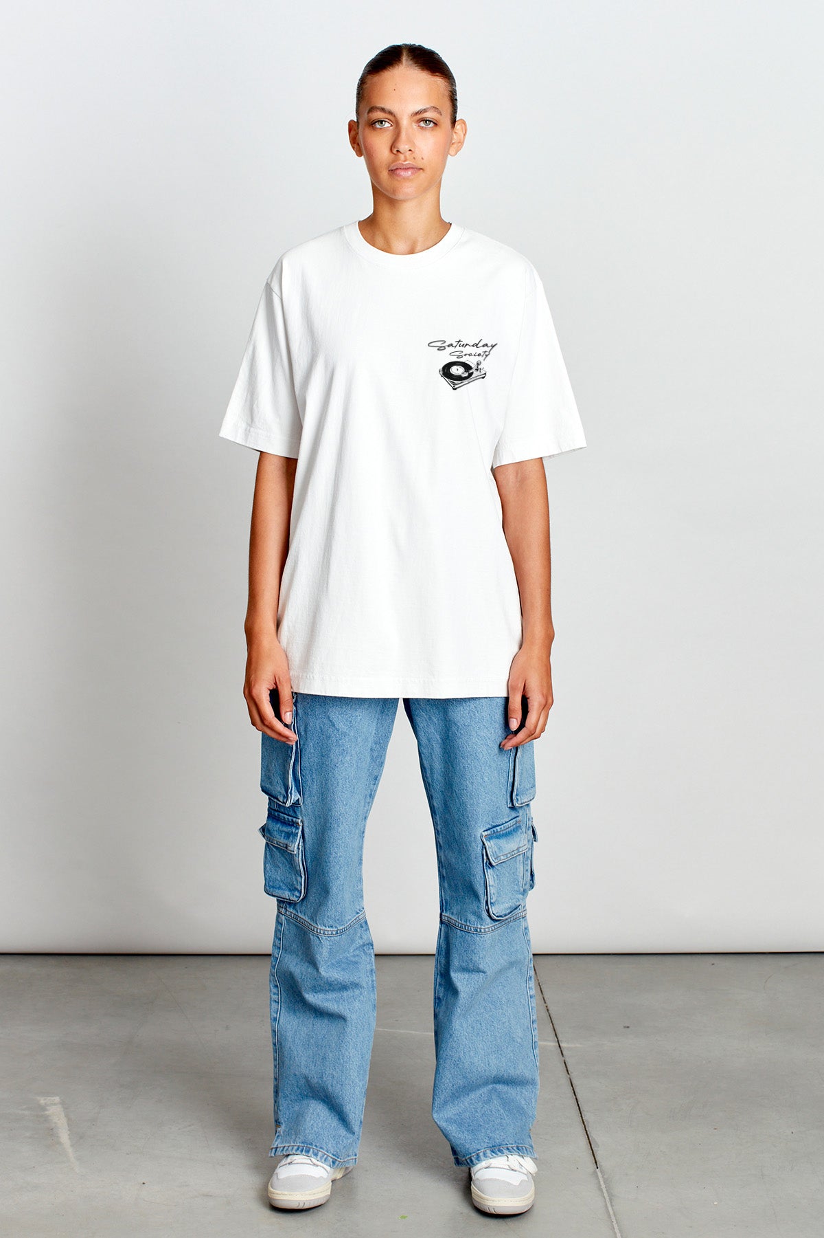 Saturday Society Records T-shirt in Vintage White (Black print)