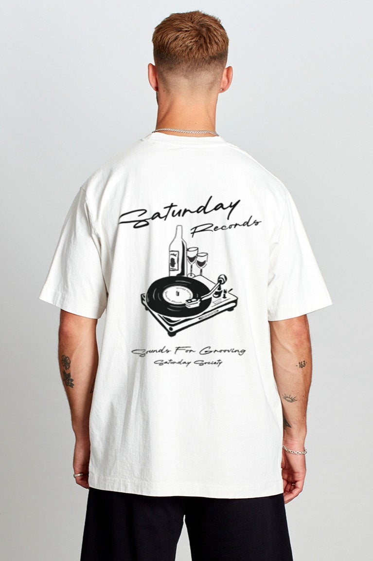 Saturday Society Records T-shirt in Vintage White (Black print)