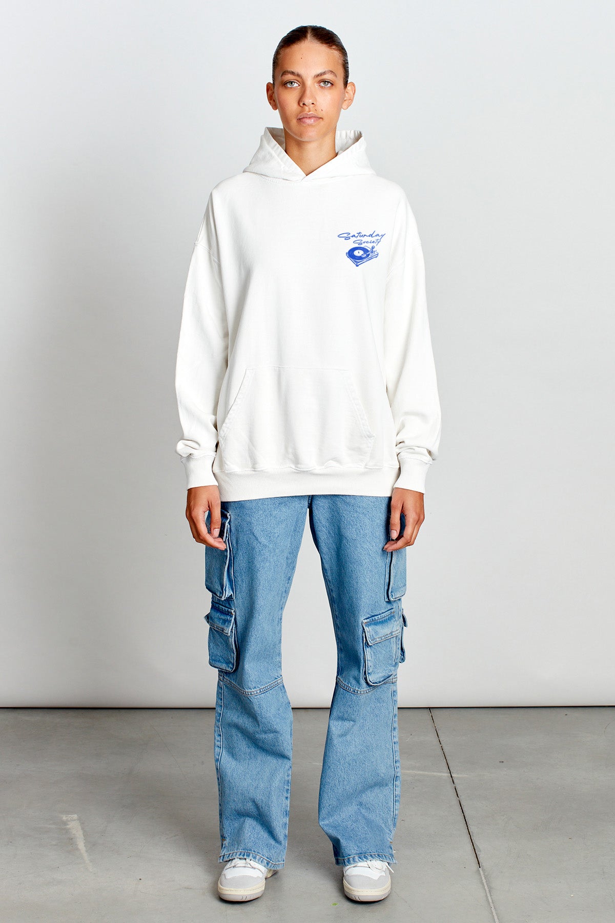 Saturday Society Records Hoodie in Vintage White (Blue print)