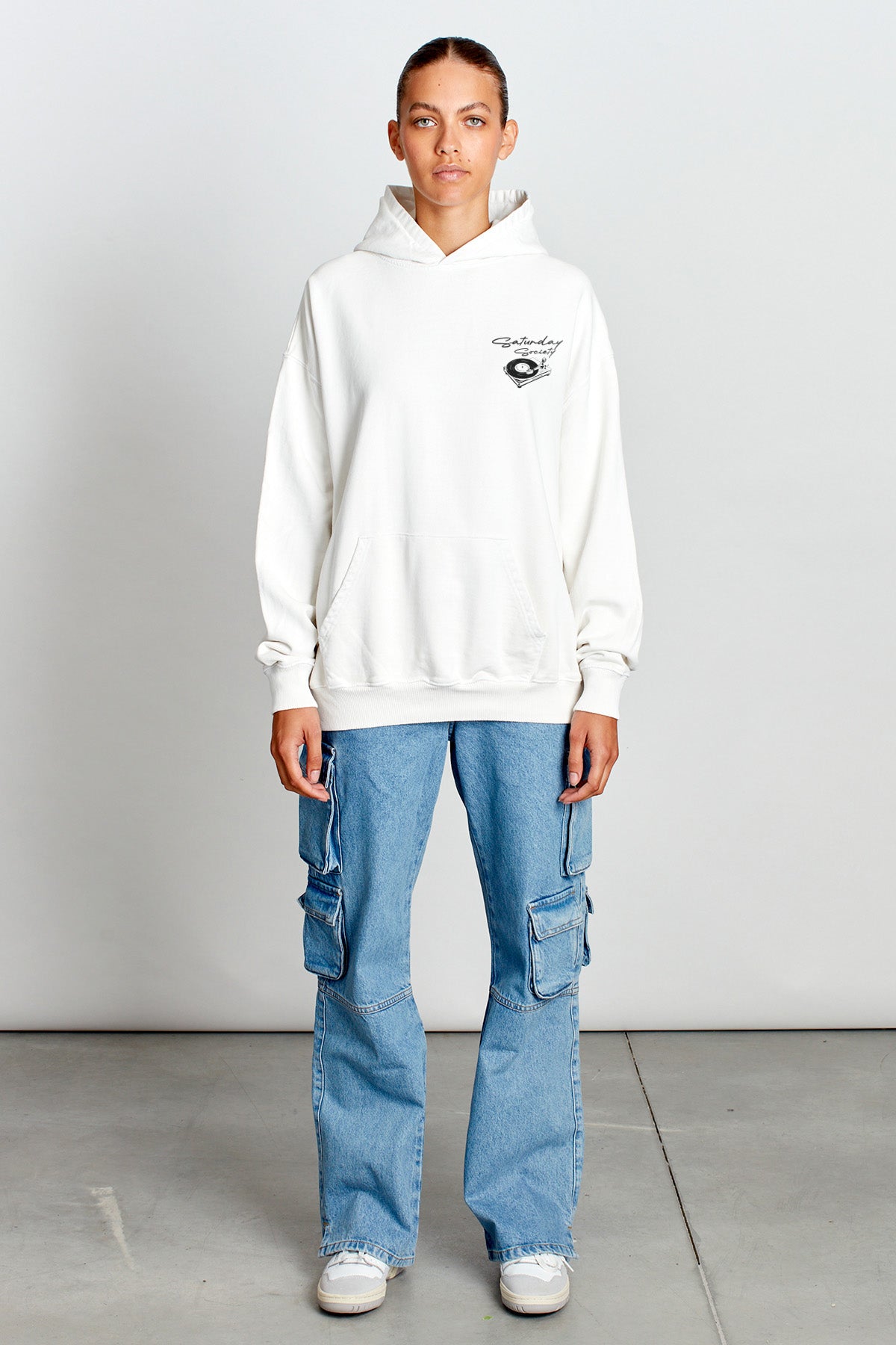 Saturday Society Records Hoodie in Vintage White (Black print)
